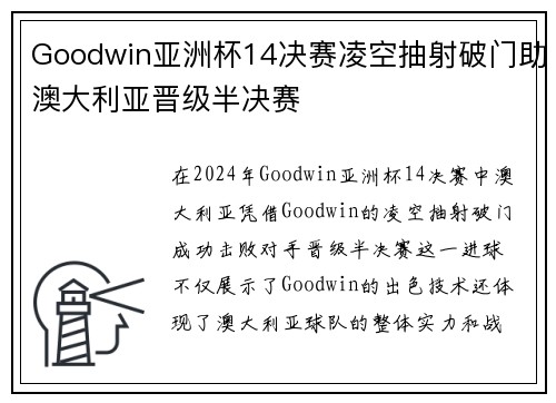 Goodwin亚洲杯14决赛凌空抽射破门助澳大利亚晋级半决赛