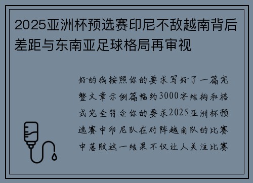 2025亚洲杯预选赛印尼不敌越南背后差距与东南亚足球格局再审视