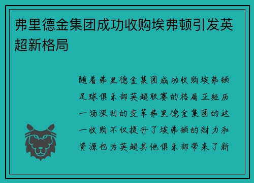 弗里德金集团成功收购埃弗顿引发英超新格局